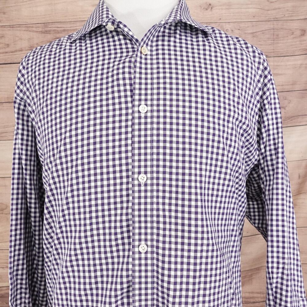 Michael Kors Dress Shirt‎ Mens 18 34/35 Purple Gingham Check Cotton Long Sleeve